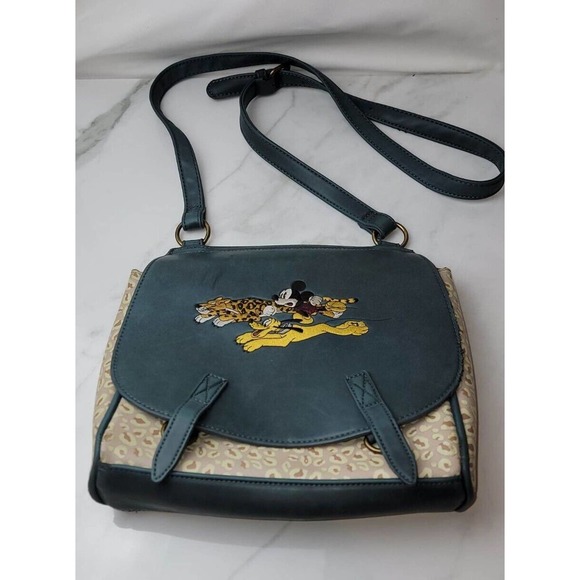 Loungefly Disney Mickey, Pluto & Leopard Crossbody Purse Bag Green Tan - Picture 2 of 13